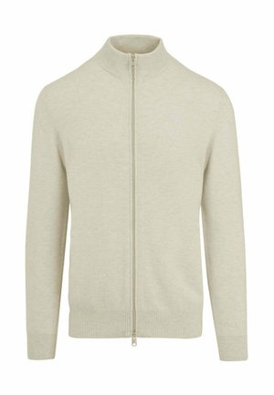 Cardigan beige con cerniera a tutta lunghezza, collo alto, maniche lunghe e polsini e orlo a costine, mostrato su sfondo bianco.
