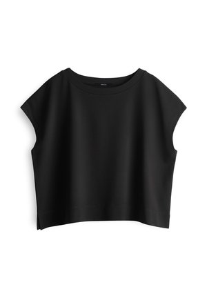 Zwart top met korte mouwen gemaakt van een gladde stof, met een wijde ronde hals en een cropped snit met zijsplitten voor meer bewegingsvrijheid.