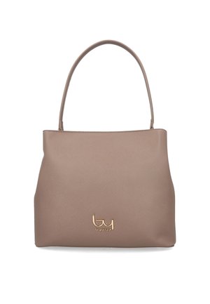 Borsa rettangolare color talpa con una tracolla singola e piccolo logo dorato "byblos" al centro sulla parte anteriore.