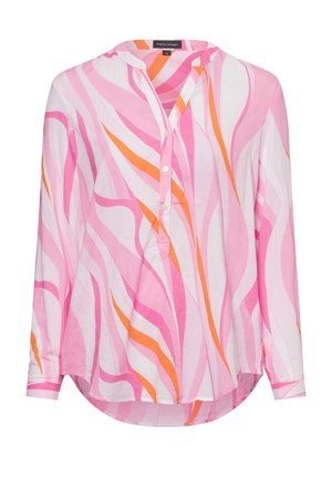 Hemd mit Knöpfen aus leichtem Stoff in Rosa und Weiß mit orangefarbenen Streifen. Verfügt über einen Mandarin-Kragen und lange Ärmel mit abgerundetem Saum.