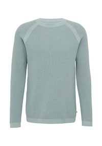 Hellblaues Langarmpullover mit gerippter Textur, Rundkragen und Raglanärmeln. Verfügt über einen enganliegenden Saum und Bündchen.