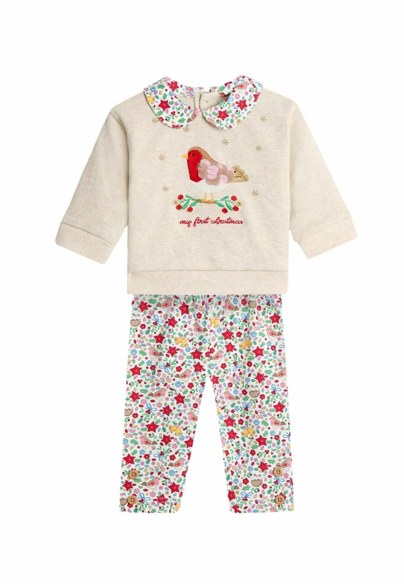 Sweatshirt din bumbac bej deschis, cu broderie în formă de pasăre roșie și guler floral, asortat cu colanți albi cu un model colorat de sărbători.