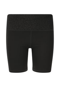 Svarta träningsshorts med en texturerad midjeband som har ett subtilt leopardmönster. Tillverkade av ett mjukt, elastiskt material.