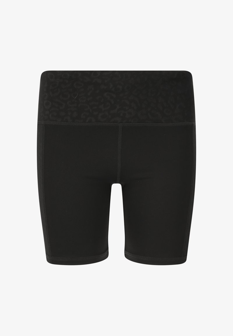 Svarta träningsshorts med en texturerad midjeband som har ett subtilt leopardmönster. Tillverkade av ett mjukt, elastiskt material.