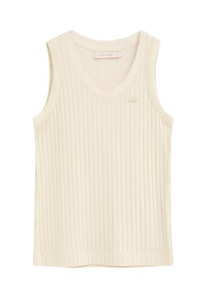 Haut sans manches crème en maille côtelée avec col en V et petit logo brodé près de la poitrine, étiqueté "Polo Club".