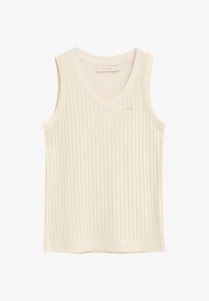 Haut sans manches crème en maille côtelée avec col en V et petit logo brodé près de la poitrine, étiqueté "Polo Club".