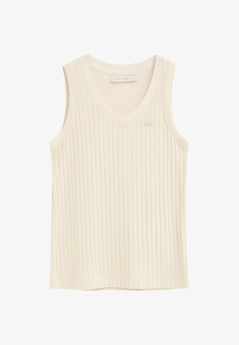 Kremowy, bezrękawnik z prążkowanego dzianego materiału, z dekoltem w serek i małym wyszywanym logo obok piersi, oznaczonym jako "Polo Club".