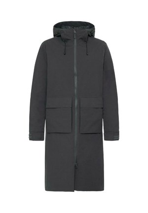 Lang, mørkegrå jakke med lynlås foran, justerbar hætte, to store frontlommer og ribbede manchetter. Vejrbestandigt stof.