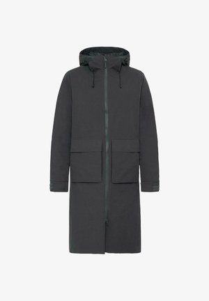 Lang, mørkegrå jakke med lynlås foran, justerbar hætte, to store frontlommer og ribbede manchetter. Vejrbestandigt stof.