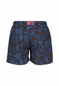 Shorts da bagno marroni con stampa di frutta tropicale e fiori blu, cintura elastica, tasca posteriore e patch arancione con logo in alto.