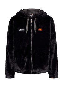 Sudadera con capucha negra de felpa con cremallera, cordones de satén, bolsillos frontales y parches del logo de ellesse en blanco y naranja en el pecho y en el puño.