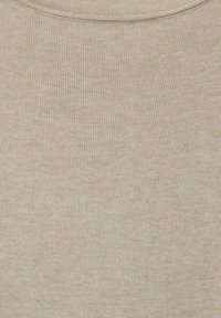 Beige knitted fabric with a fine, textured pattern. Soft and slightly stretchy, suitable for casual wear. Round neckline with minimal seams.
