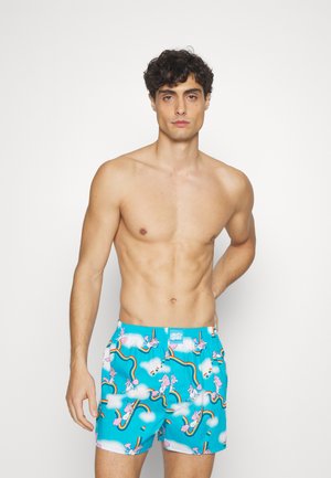 Herren Schwimmshorts in leuchtendem Blau mit einem Einhorn- und Regenbogenmuster. Hergestellt aus leichtem Material mit einem elastischen Bund.
