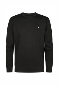 Sudadera negra con mangas largas, cuello redondo y un pequeño logo blanco en el lado izquierdo del pecho. Está hecha de una tela suave con una textura lisa.