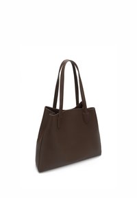 Brown leather tote bag with dual handles, structured shape, textured exterior, and an open top design for easy access.