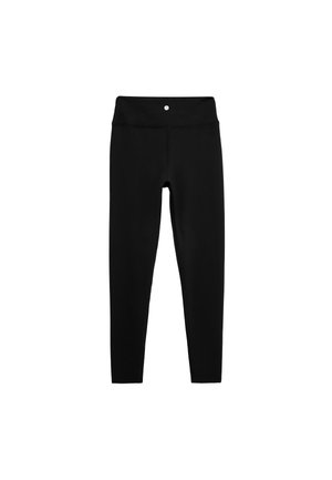 Sorte leggings med høj talje og ankellængde med et lille rundt hvidt logo foran i midten af linningen.