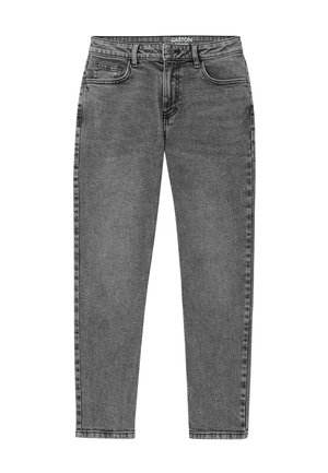 Jean en denim gris avec une coupe fuselée, fermeture éclair sur le devant, bouton de fermeture, et deux poches avant avec une poche à monnaie du côté droit.