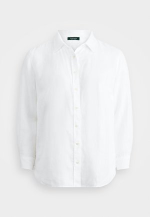 Biely ľanový košeľa s klasickým golierom, plným zapínaním na gombíky a dlhými rukávmi. Tkanina má mierne štruktúrovaný vzhľad.