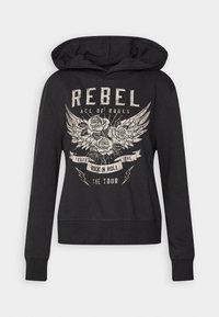 Sweat à capuche noir avec motif d'ailes et de roses, texte sur le devant : Rebel, Ace of Roses, Estd 1995, Rock N Roll, The Tour.