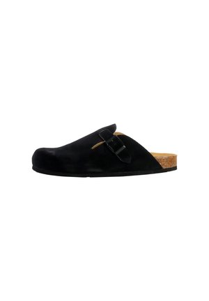 Schwarze Wildleder-Slipper mit Korkfußbett, ausgestattet mit einem Schnallenriemen und einem breiten Ristdesign. Strukturiertes Obermaterial und flache Gummisohle.