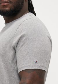 Szara bawełniana koszulka z krótkim rękawem, z małą naszywką logo w czerwono-biało-niebieskich akcentach na lewym rękawie.