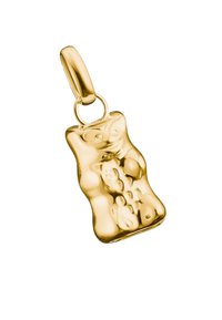 Pendentif plaqué or en forme d'ourson en gélatine, avec des surfaces lisses et des traits du visage détaillés. Équipé d'une boucle pour l'attachement.