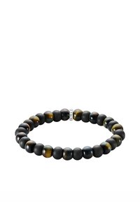 Perlenarmband mit abwechselnd mattschwarzen und mehrfarbigen Tigerauge-Steinen, mit einem metallischen Akzent in der Mitte.