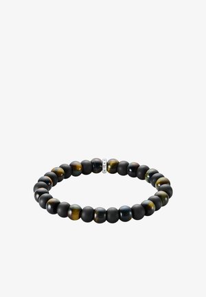 Braccialetto di perline con pietre di occhio di tigre opache nere alternate e multicolori, con un accento metallico al centro.