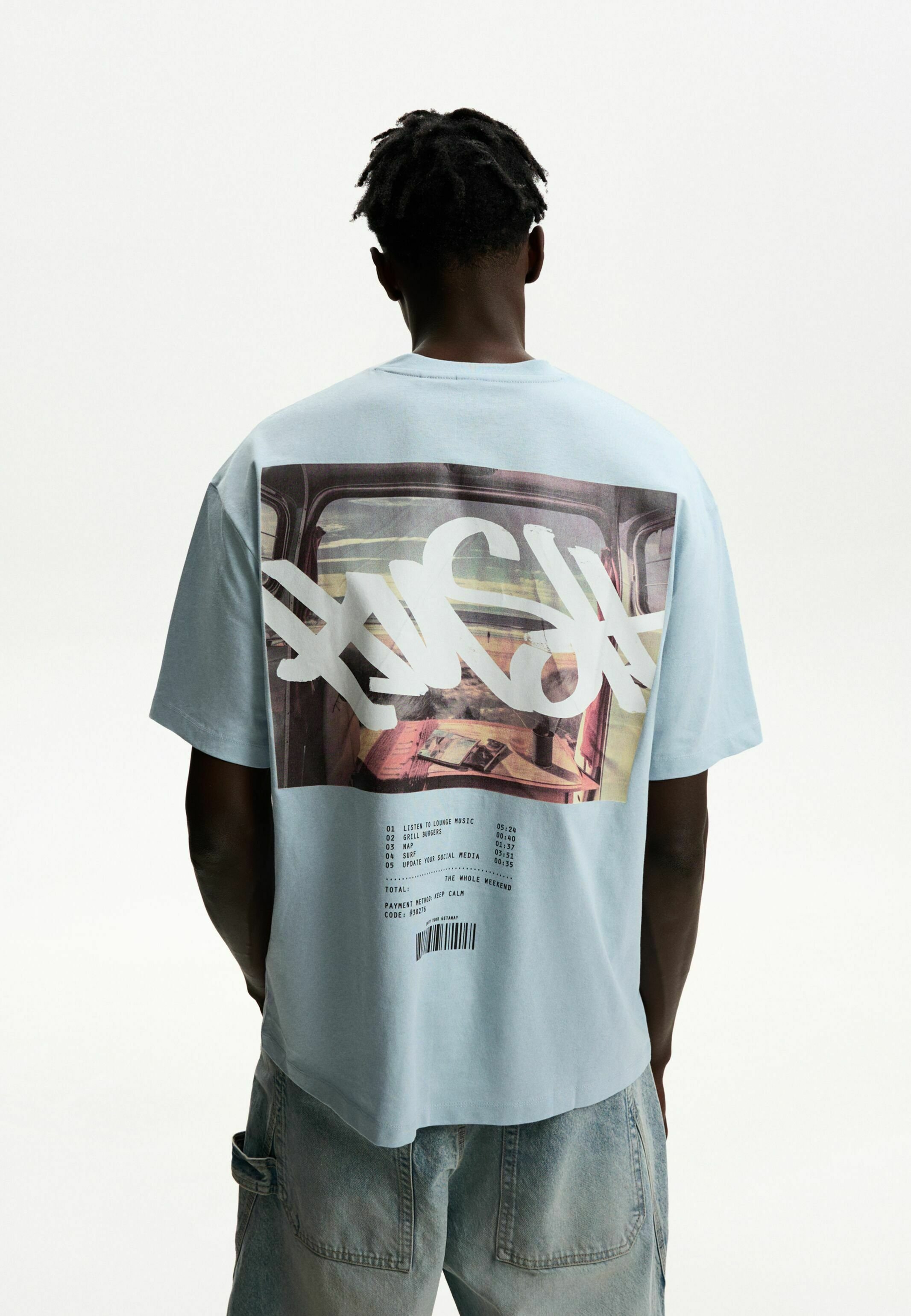 Bershka SHORT SLEEVE - Print T-shirt - light blue - Zalando.ie