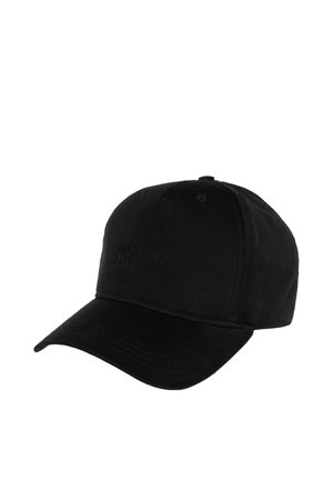 Black baseball cap with curved brim and subtle embroidered text on the front panel, displayed on a white background.