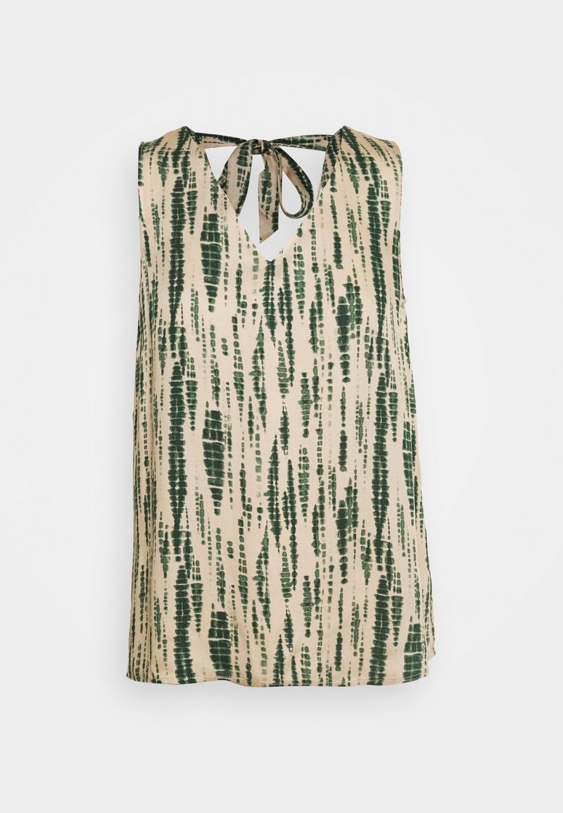 Top sin mangas en beige con patrón de teñido en verde vertical. Escote en V y detalle de lazo en la parte posterior. Tejido suave con un corte holgado.