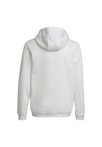 Haut à capuche blanc en tissu doux avec une capuche ronde à cordon, des manches longues et des poignets côtelés. Texture lisse sans motifs visibles.