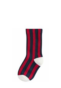 Calzini a righe con strisce verticali rosse e blu navy, texture a costine e tallone e punta bianchi.