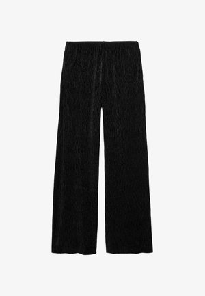Pantalones negros de pierna ancha con una textura arrugada, que presentan una cintura elástica y un diseño suelto y fluido. Sin bolsillos ni cierres visibles.
