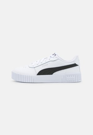 White sneaker with black accents, textured leather upper, lace-up design, robust rubber sole, and distinctive Puma logo featured on the side.