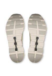 Apavu zoles ar teksturētu gumijas virsmu, ar segmentētu dizainu gaismā pelēkā un krēmkrāsā, ar uzrakstiem "CLOUDTEC" un "SPEEDBOARD."