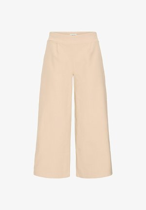 Beżowe spodnie w stylu wide-leg o gładkiej teksturze, wysokim stanie i dwóch przednich kieszeniach. Minimalistyczny design bez widocznych zapięć czy wzorów.