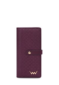 Purple leather wallet with a textured finish, featuring a gold-toned snap closure and a logo accent at the bottom. Compact design with visible stitching.