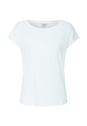 Valge lühikeste varrukatega naiste t-särk ümmarguse kaelusega ja kergelt rullitud varrukaäärtega, lihtne disain, bränditud sisemine kaelumärk nähtav.