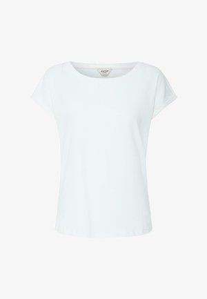 Valge lühikeste varrukatega naiste t-särk ümmarguse kaelusega ja kergelt rullitud varrukaäärtega, lihtne disain, bränditud sisemine kaelumärk nähtav.