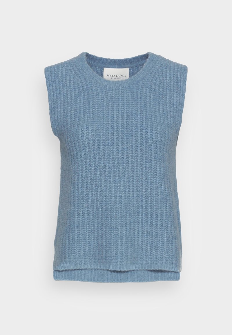 Gilet sans manches en tricot bleu avec col rond, texture gaufrée et étiquette de marque au niveau du col arrière.