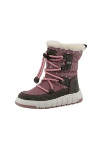 Stivale invernale viola con lacci rosa, fodera in pelliccia e motivo a stelle. Presenta una suola in gomma e una soletta ammortizzata per il supporto.