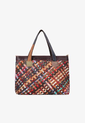 Geweven meerkleurige leren totebag met donkerbruine biezen en tweekleurige handvatten, rechthoekige vorm en gestructureerd patchwork ontwerp.