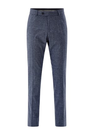 Blue-gray tailored dress pants with a subtle textured pattern, front button and zip closure, and belt loops, displayed on a white background.
