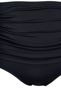 Bas de bikini noir taille haute avec une texture froncée, tissu lisse et design uni. Doté d'une taille élastique pour le confort.