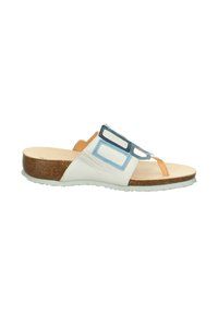 Weiße Leder-Sandale mit Kork-Zwischensohle, die geometrische Ausschnitte in blauen und braunen Akzenten aufweist, offene Zehen und flache Sohle hat.