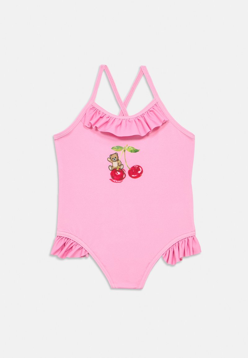 Ροζ ολόσωμο μαγιό με τιράντες με βολάν· διαθέτει σχέδιο με αρκουδάκι και κεράσια στο μπροστινό μέρος. Μαλακό, ελαστικό ύφασμα.