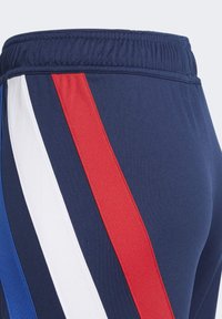 Des pantalons de sport navy présentent de larges rayures sur les côtés en rouge, blanc et bleu. Le matériau semble lisse avec une taille élastique.