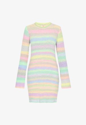 Neulemekko pitkillä hihoilla, jossa on vaakasuoria raitoja pastellisävyissä: vaaleanpunainen, keltainen, vihreä ja sininen. Ribbausrakenne ja pyöreä pääntie.