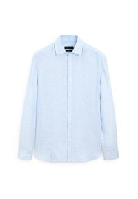 Camicia a maniche lunghe di colore azzurro chiaro, realizzata in tessuto testurizzato; presenta un colletto classico e una chiusura con bottoni, con una vestibilità leggermente rilassata.